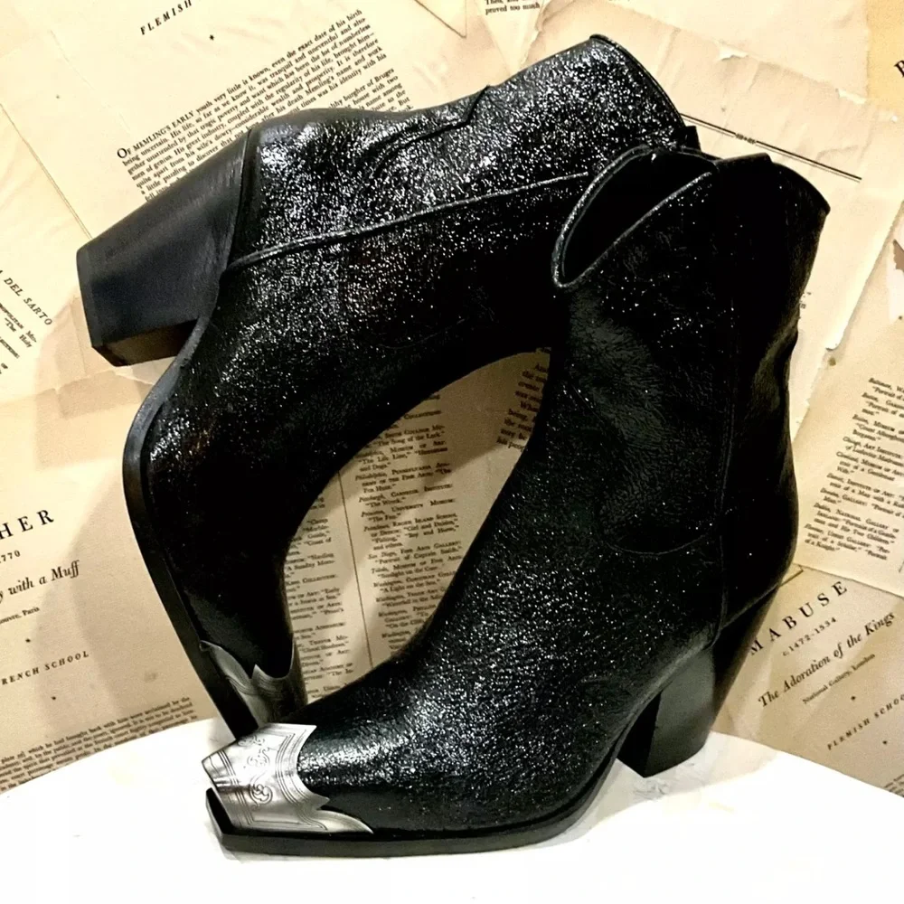 Free People Brayden Western Boot Metallic Black Leather Pewter Etched Tip Zip - Picture 2 of 10